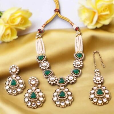 Premium Moizzonite Kundan Necklace set Green Emerald