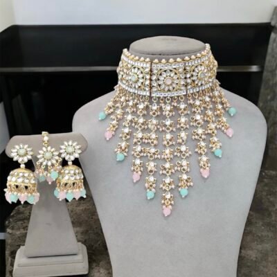 Premium Kundan Jhaalar set Mint Pink