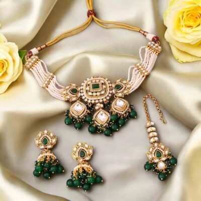 Designer Kundan Choker set Green Emerald